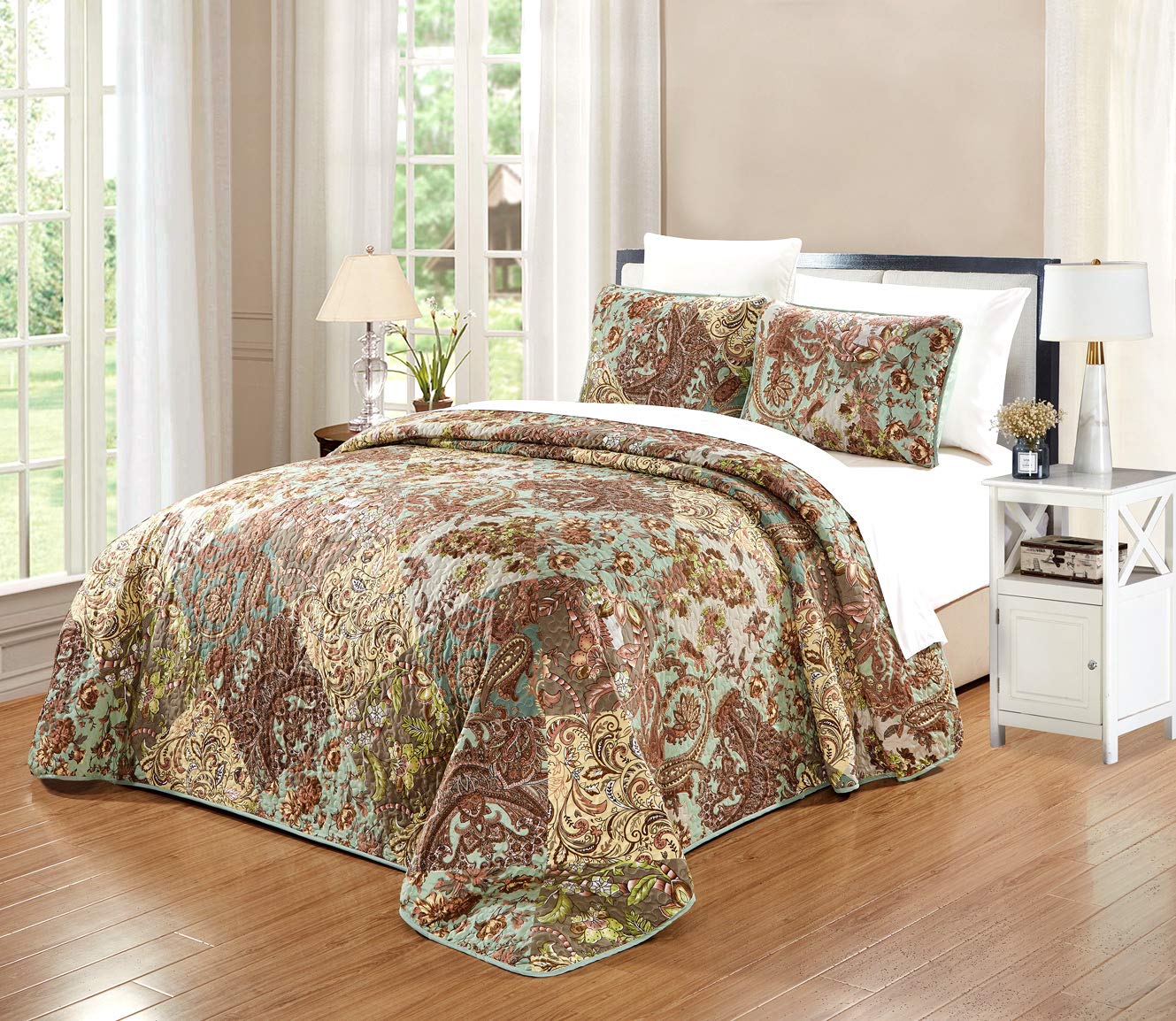 3-Piece Fine Printed Oversize (115" X 95") Quilt Set Reversible Bedspread Coverlet King Size Bed Cover (Multi Color, Sage Green, Paisley, Floral, Vine Patchwork)