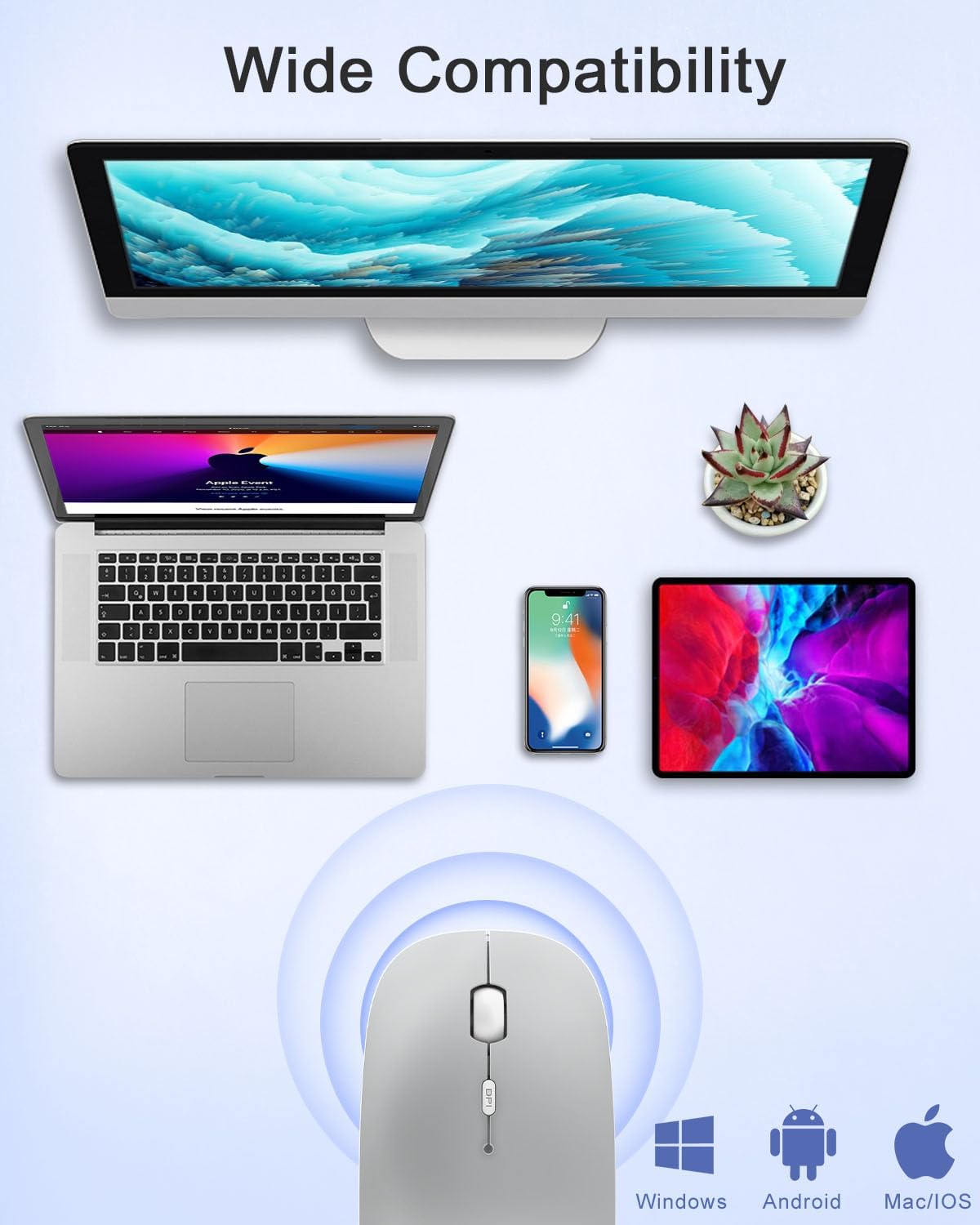 Bluetooth Mouse, Rechargeable Wireless Mouse Compatible with Macbook Air/Pro/Mac/iPad/Laptop/Tablet/Notebook/PC/Desktop, Slim Portable USB Mice for Windows/Linux/Android/(iOS 13.1.2 and Above), Sliver