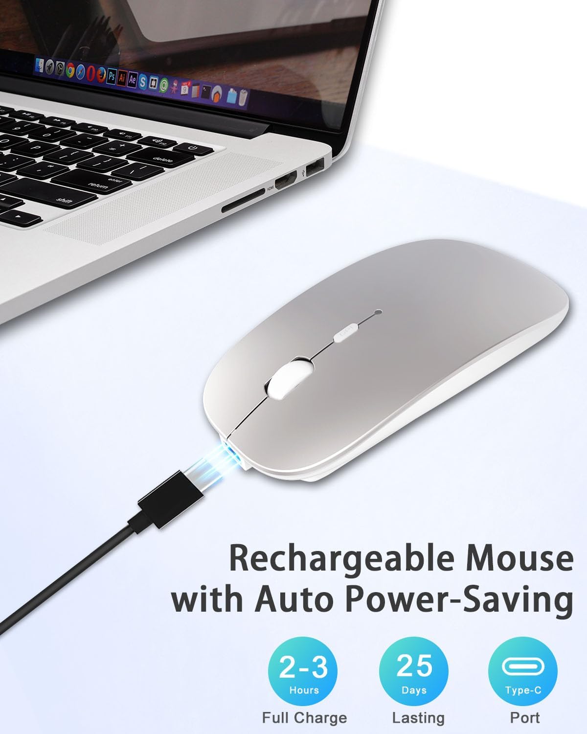 Bluetooth Mouse, Rechargeable Wireless Mouse Compatible with Macbook Air/Pro/Mac/iPad/Laptop/Tablet/Notebook/PC/Desktop, Slim Portable USB Mice for Windows/Linux/Android/(iOS 13.1.2 and Above), Sliver