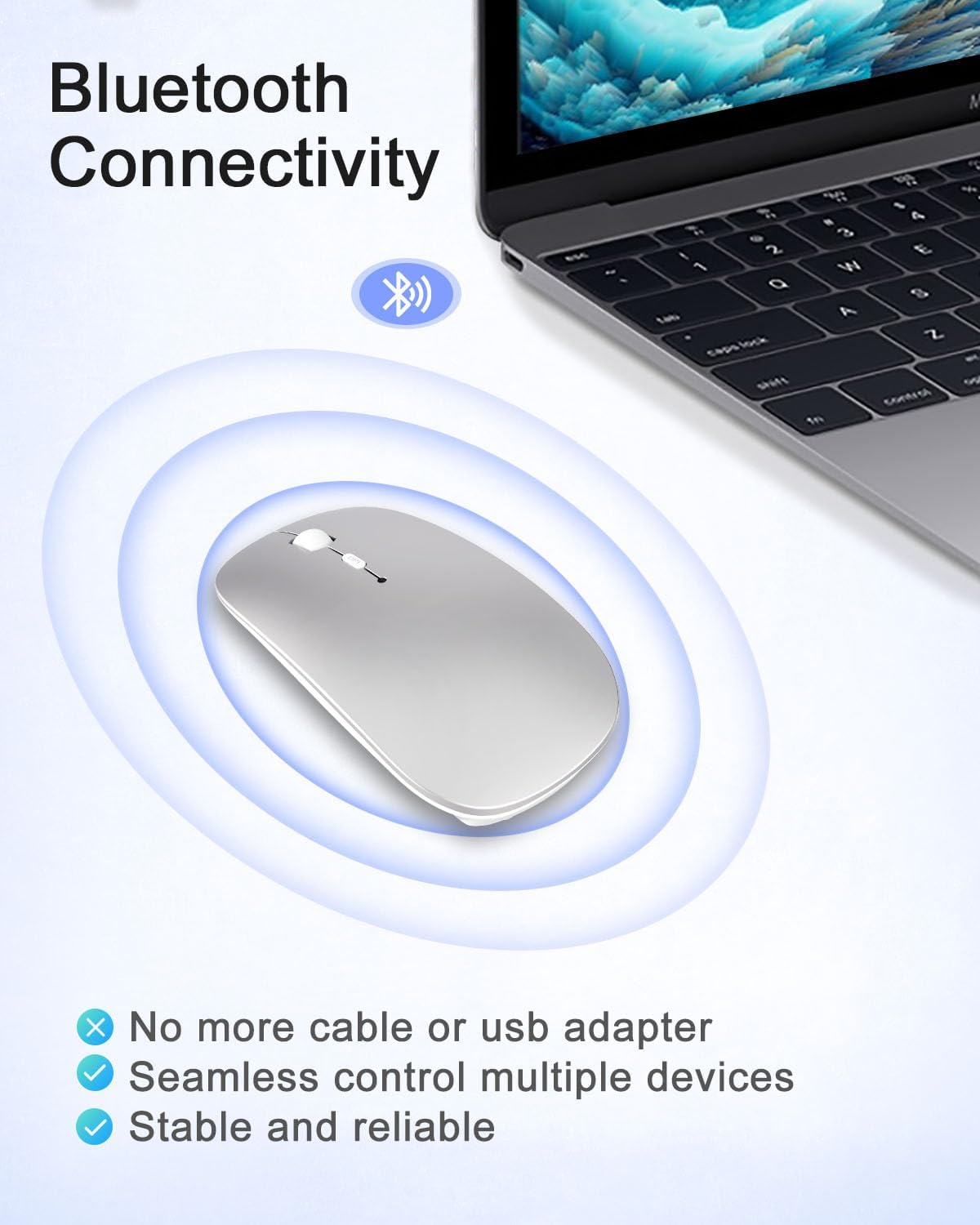 Bluetooth Mouse, Rechargeable Wireless Mouse Compatible with Macbook Air/Pro/Mac/iPad/Laptop/Tablet/Notebook/PC/Desktop, Slim Portable USB Mice for Windows/Linux/Android/(iOS 13.1.2 and Above), Sliver