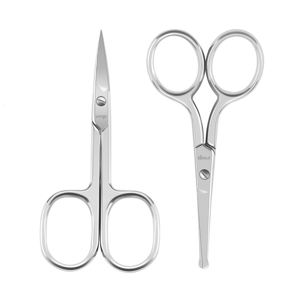 LIVINGO Premium Curved and Rounded Nose Hair Scissors for Men, 2 PC Set Nail Cuticle Manicure Scissors Shears Kit for Beard/Mustache, Ear, Facial Hair, Eyebrows, Eyelashes for Women