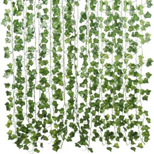 Flojery 78Ft 12pcs Silk Artificial Ivy Vine Hanging Leaves Plant Greenery Decor Party Home Garden Wedding Wall Decor (Green)