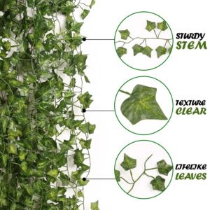 Flojery 78Ft 12pcs Silk Artificial Ivy Vine Hanging Leaves Plant Greenery Decor Party Home Garden Wedding Wall Decor (Green)