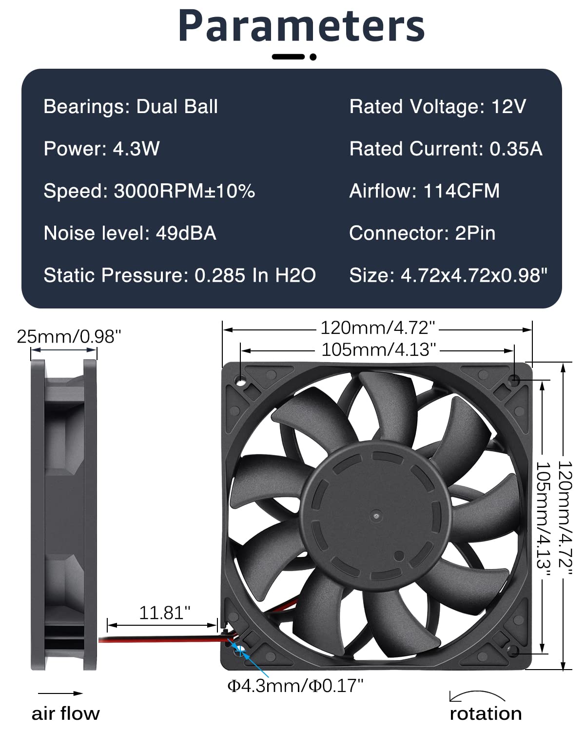 GDSTIME 120mm Case Fan, Increase Air Pressure Fan, 120mm x 25mm 12V Dc Brushless Cooling Fan Dual Ball Bearings Long lifespan