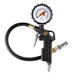 czc auto tire inflator deflator air pressure gauge with rubber hose, 2-1/2" dial wheel inflator gage with straight brass lock-on chuck compatible with air pump compressor for rv car motorcycle bike