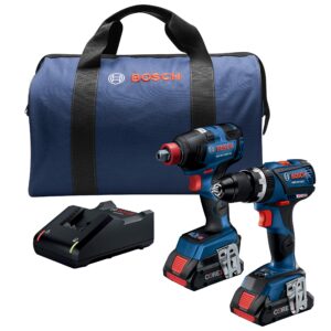 bosch gxl18v-251b25 18v 2-tool combo kit with 1/4 in. and 1/2 in. two-in-one impact driver, compact tough 1/2 in. hammer drill/driver and (2) core18v 4.0 ah batteries