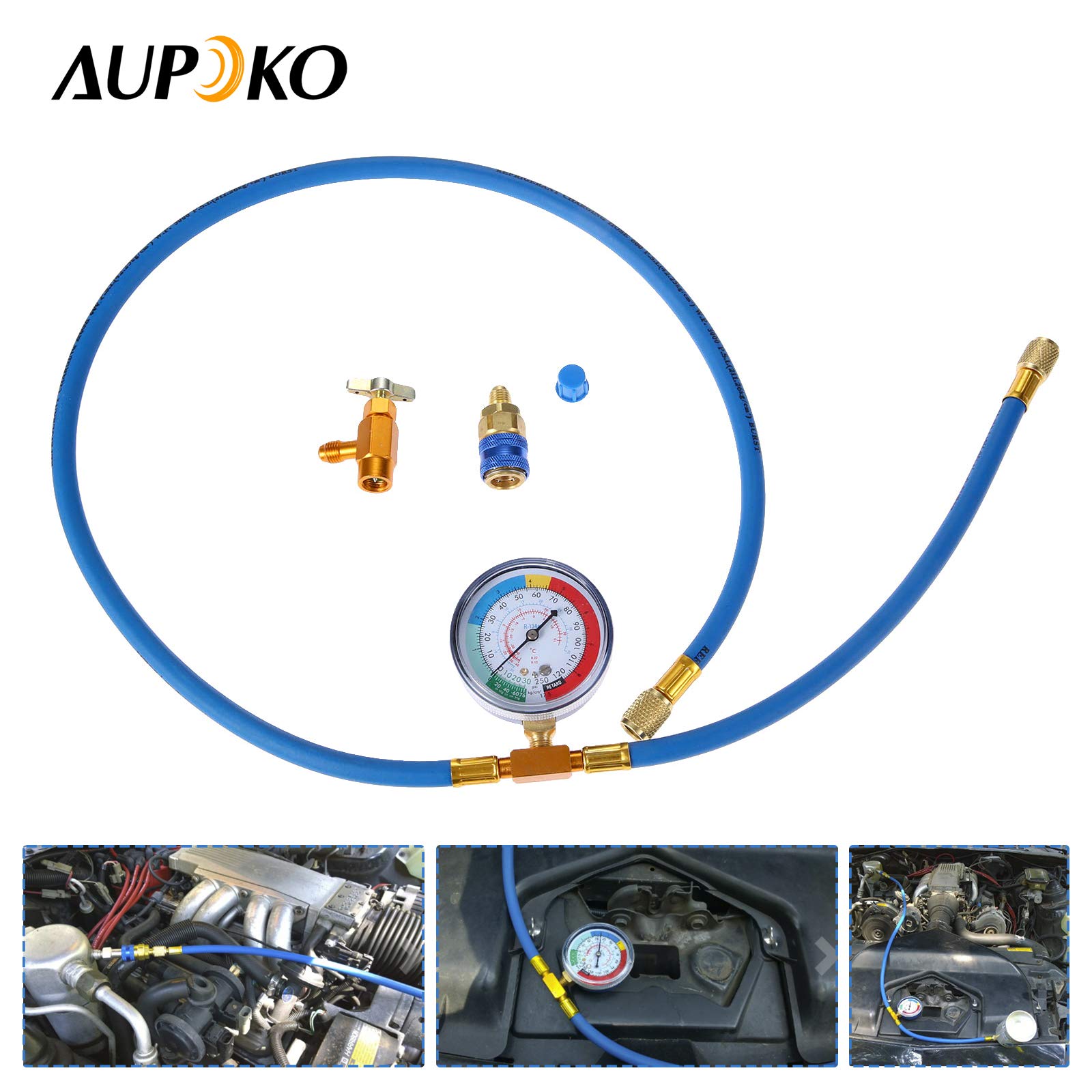 Aupoko R134A Car AC Refrigerant Charge Hose, AC Charge Hose with Gauge, R134A Can Tap Valve, R134A Quick Couple, Low Pressure Gauge and 59'' Recharge Hose