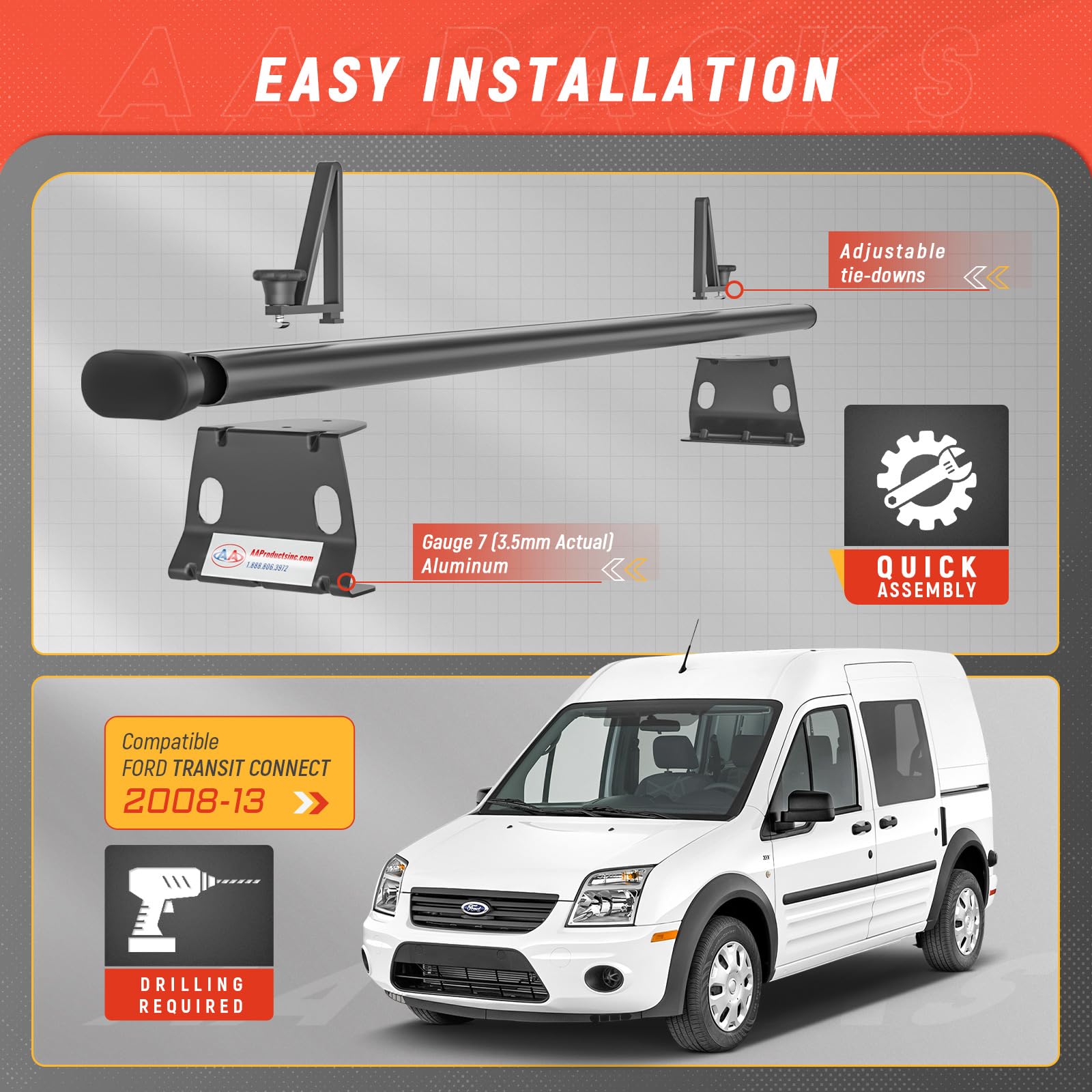 AA-Racks Model ADX32-TR Compatible Ford Transit Connect 2008-13 Aluminum 2 Bar (60") Utility Drilling Van Roof Rack System with Ladder Stopper Sandy Black