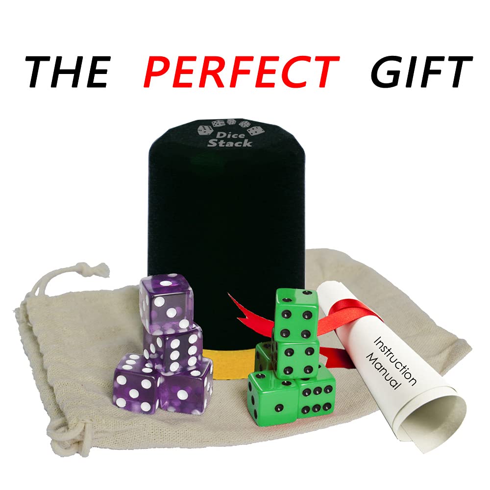 Graduation Gift Dice Stacking Cup Set with 4 Pcs 19mm Purple and 5 Pcs 18mm Green Standard 6 Sided Dices Straight Dice Cup with Storage Bag Dice Cup Shaker with Magic Tricks Instruction Black