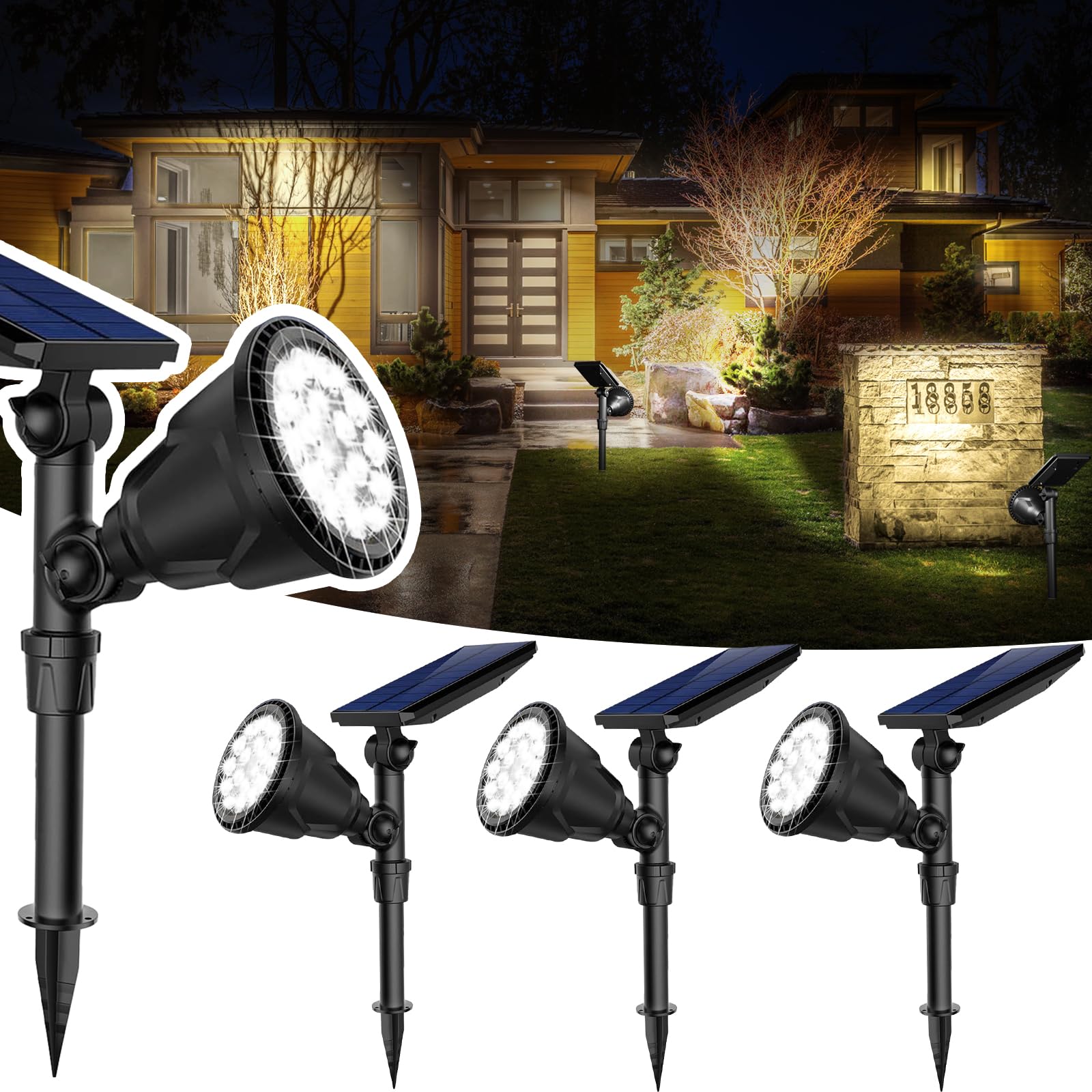 JSOT 600 LM Solar Spotlights Outdoor for Garden,IP65 Waterproof Solar Spot lights Landscape Lighting for Walkway Wall Garden Backyard Path Pathway Driveway 18LED Beads Cool White 4 Pack