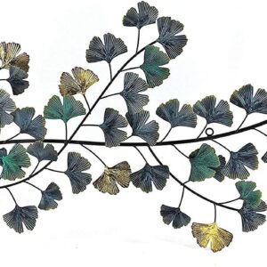 Bellaa 3D Metal Wall Decor Living Room Ginkgo Leaf Japanes Style Flower Golden Blue Teal Abstract Scroll Celtic Wrought Iron Plaque Hanging Boho Home Outdoor Garden Floral Accents Turquoise