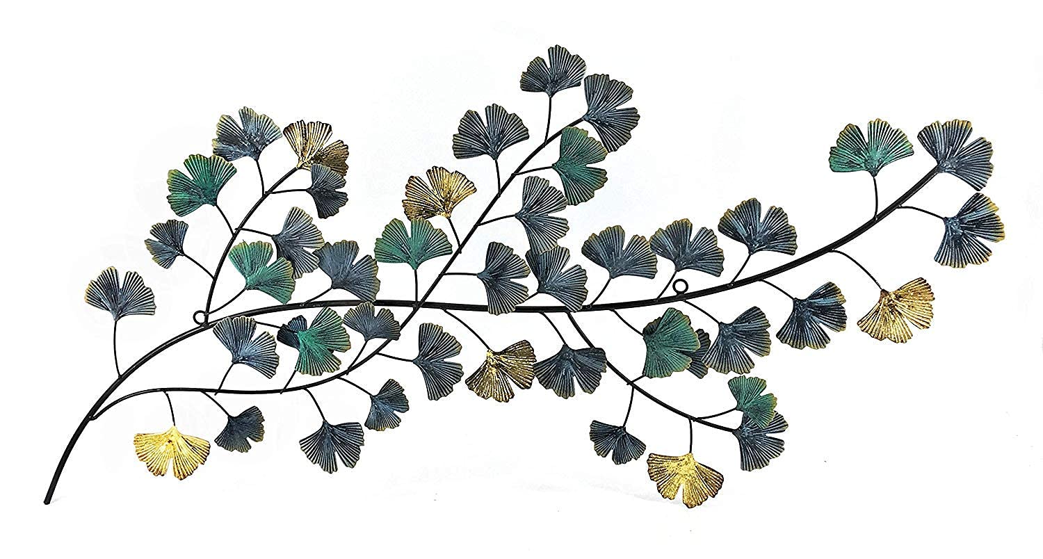 Bellaa 3D Metal Wall Decor Living Room Ginkgo Leaf Japanes Style Flower Golden Blue Teal Abstract Scroll Celtic Wrought Iron Plaque Hanging Boho Home Outdoor Garden Floral Accents Turquoise