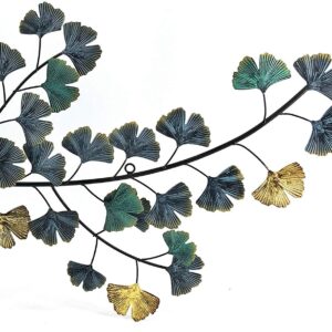 Bellaa 3D Metal Wall Decor Living Room Ginkgo Leaf Japanes Style Flower Golden Blue Teal Abstract Scroll Celtic Wrought Iron Plaque Hanging Boho Home Outdoor Garden Floral Accents Turquoise