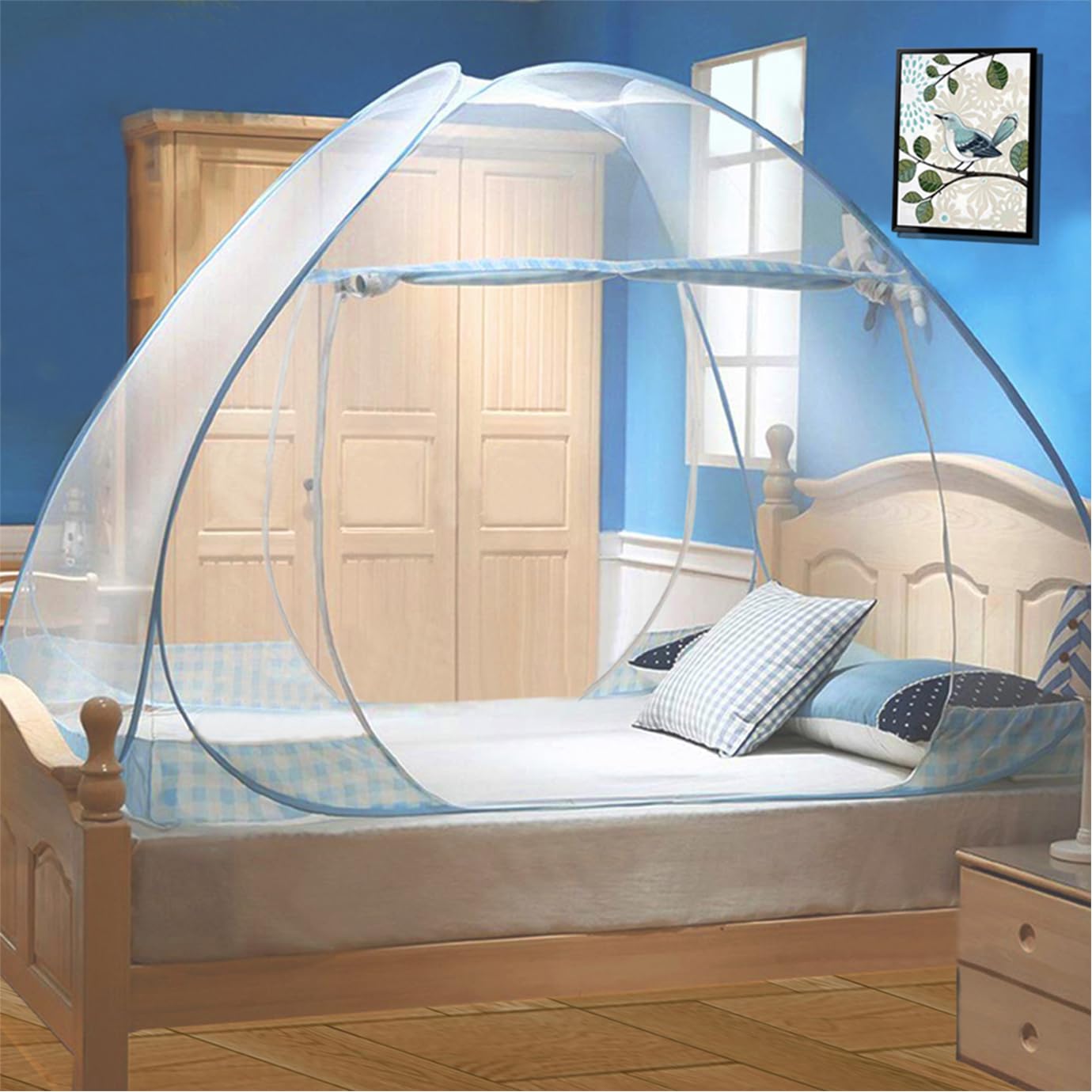 Tinyuet Mosquito Net for Bed, Portable Double Door Pop-up Mosquito Netting with Net Bottom, 59x78.7in Bed Tent for Indoor and Outdoor Use, Insect Screen - Blue Edge