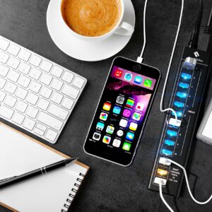 SmartDelux Powered USB Hub - USB 3.0 Ports Hub with 3 Smart Charging Ports, Power Adapter, Long Cord, LEDs (13-Port USB Hub)