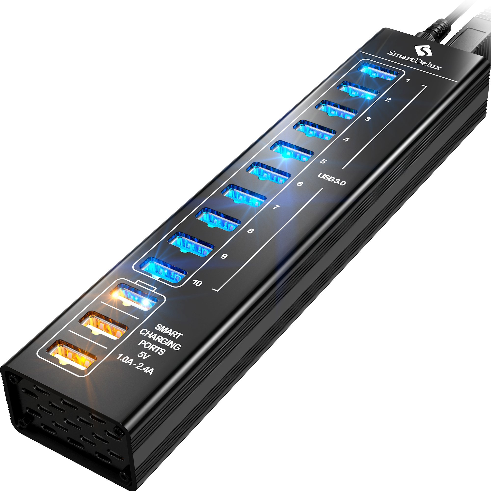 SmartDelux Powered USB Hub - USB 3.0 Ports Hub with 3 Smart Charging Ports, Power Adapter, Long Cord, LEDs (13-Port USB Hub)