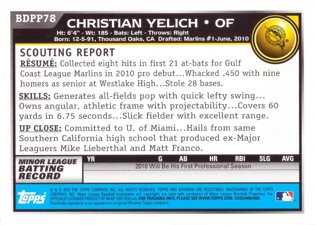 2010 Bowman Draft Picks & Prospects Baseball #BDPP78 Christian Yelich Pre-Rookie Card - 1st Bowman Card