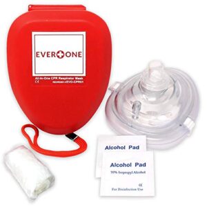 everone cpr rescue mask, adult/child pocket resuscitator, hard case with wrist strap + gloves & wipes