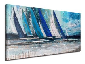 arjun blue abstract wall art canvas teal ocean sailboat picture modern turquoise coastal nautical painting large 48"x24" framed textured artwork for living room bedroom bathroom home office wall decor