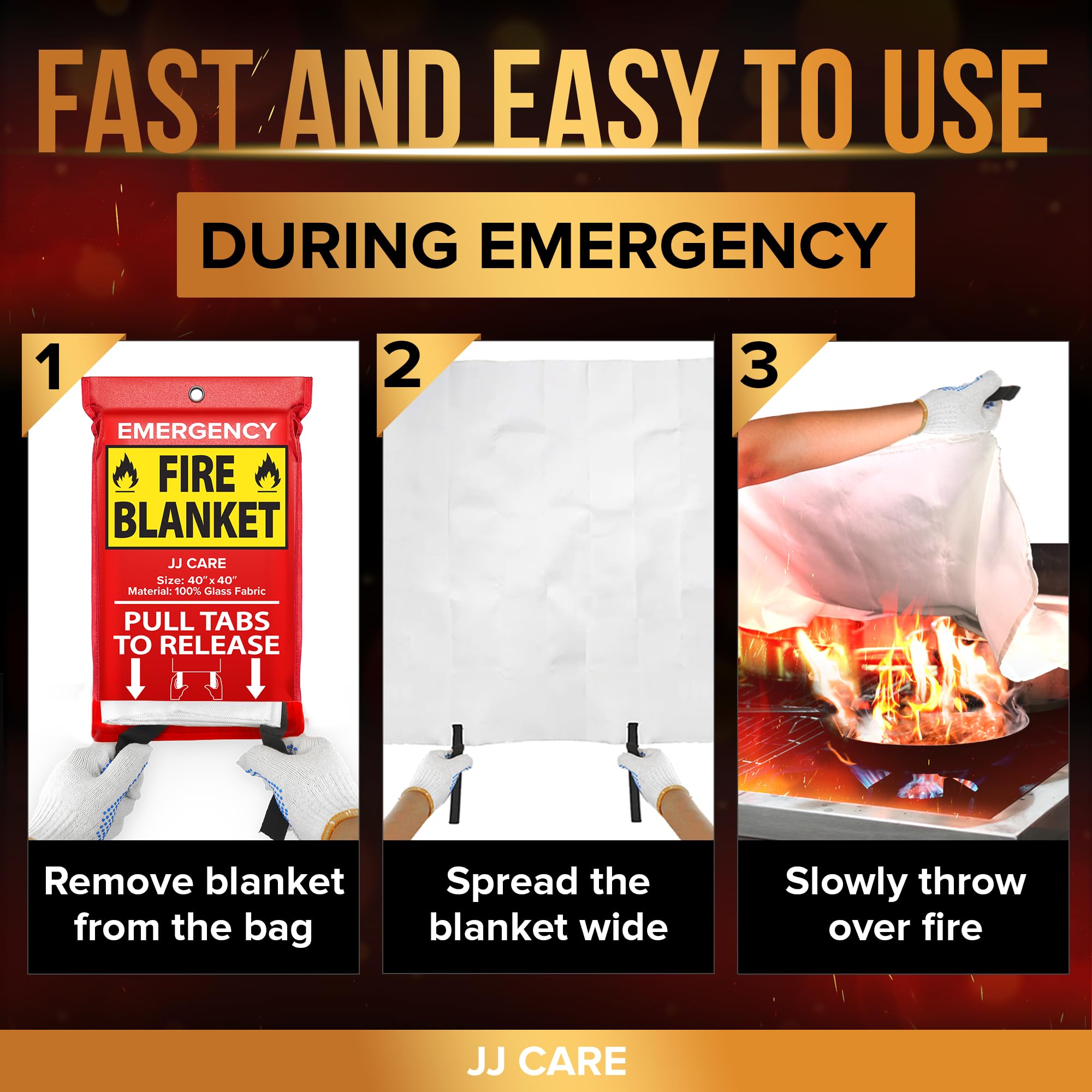 JJ CARE Fire Blanket – 4 Packs with Hooks – Emergency Fire Blanket for Home & Kitchen, High Heat Resistant Fire Suppression Blankets for Home Safety, Kitchen, and Camping