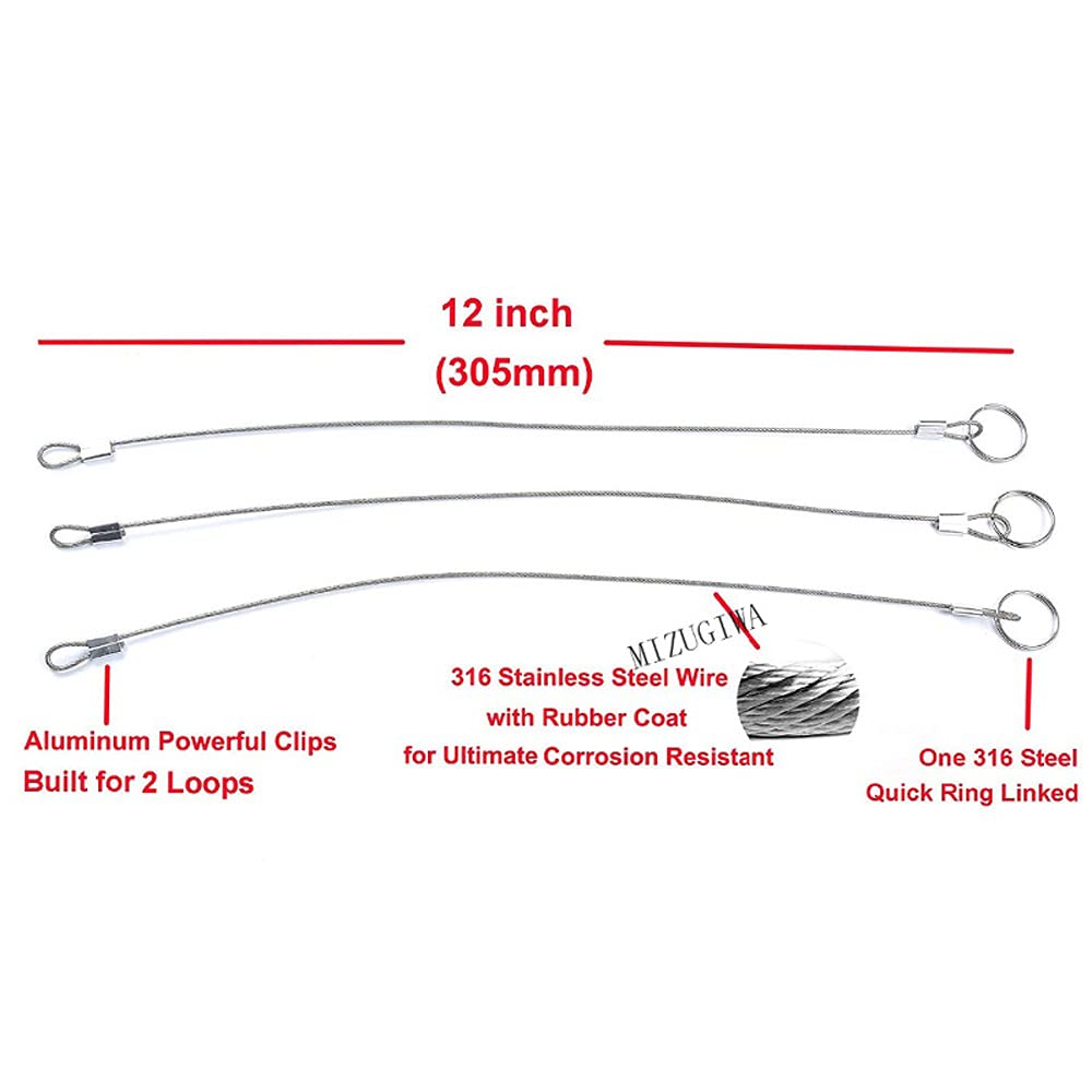 MIZUGIWA Stainless Steel Lanyard Cable,Tether Safety Wire for Loss Prevention 2 Loops w/Quick Release Ring & Rubber Coating 12" Set of 10