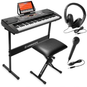 hamzer 61-key electronic keyboard portable digital music piano with h-stand, stool, headphones, microphone, & sticker set