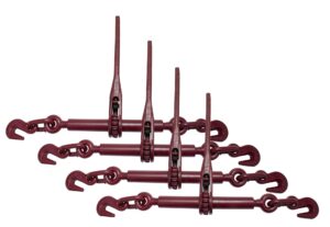 mytee products (4 pack) 5/16"-3/8" heavy duty ratchet lever load binder w/grab hooks 5,400 lbs working load limit - red | tie down hauling chain binders for flatbed truck trailer