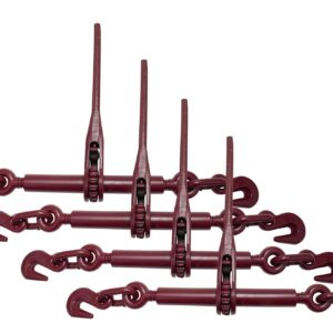 Mytee Products (4 Pack) 5/16"-3/8" Heavy Duty Ratchet Lever Load Binder w/Grab Hooks 5,400 Lbs Working Load Limit - Red | Tie Down Hauling Chain Binders for Flatbed Truck Trailer