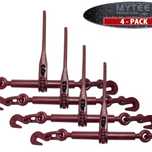 Mytee Products (4 Pack) 5/16"-3/8" Heavy Duty Ratchet Lever Load Binder w/Grab Hooks 5,400 Lbs Working Load Limit - Red | Tie Down Hauling Chain Binders for Flatbed Truck Trailer