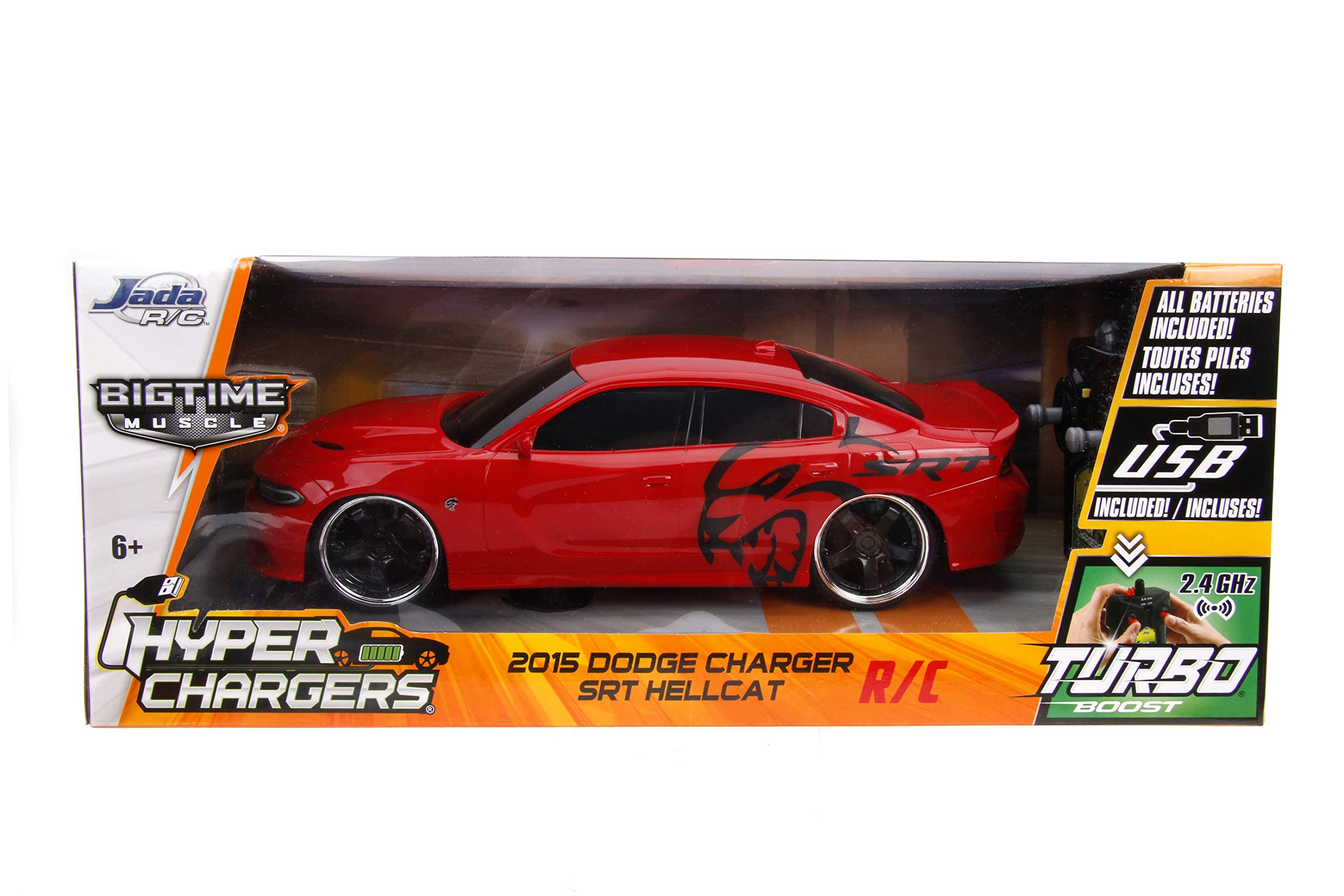 Jada Toys Big Time Muscle Hyperchargers RC - 2015 Dodge Charger SRT Hellcat, USB Charging, 2.4Ghz, Glossy Red