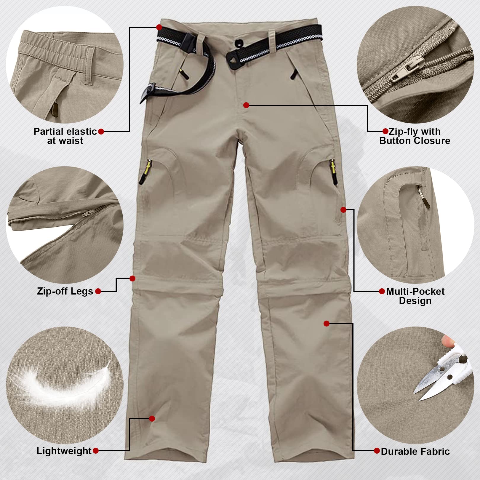 Asfixiado Little Kid, Boys Cargo Pants, Kids Youth Girls Athletic Outdoor Quick Dry Waterproof UPF 50+ Hiking Climbing Convertible Trousers #9017 Khaki-L