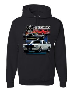wild bobby shelby 65 powered by ford motors mustang logo emblem cars and trucks unisex graphic hoodie sweatshirt, black, x-large