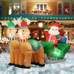 vivohome 6.9ft long christmas inflatable led lighted santa on green sleigh with reindeers and gift boxes blow up outdoor yard decoration