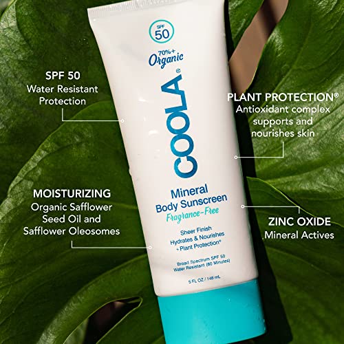 COOLA Organic Mineral Sunscreen SPF 50 Sunblock Body Lotion, Dermatologist Tested Skin Care For Daily Protection, Vegan and Gluten Free, Fragrance Free, 5 Fl Oz