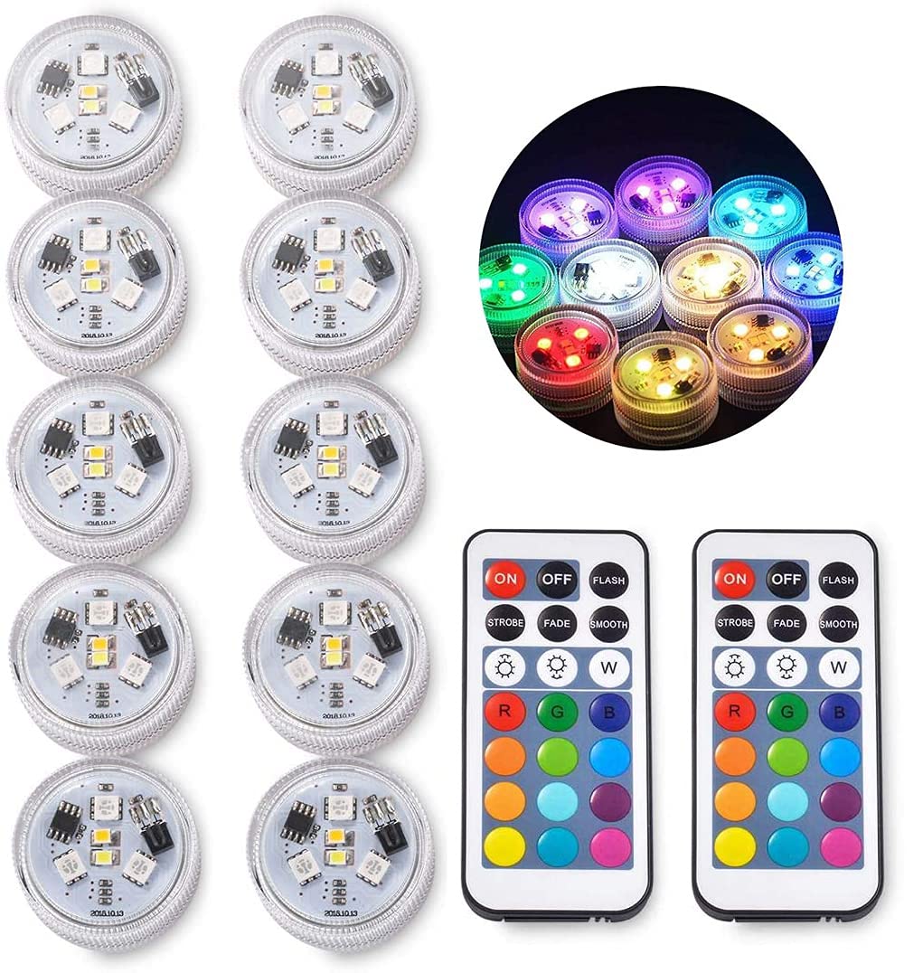 Sxstar 10pcs Submersible LED Lights,Waterproof Underwater Lights,Battery Powered RGB Colour Changing Tea Lights with IR Remote Control for vase, Bowls, Aquarium and Party Decoration