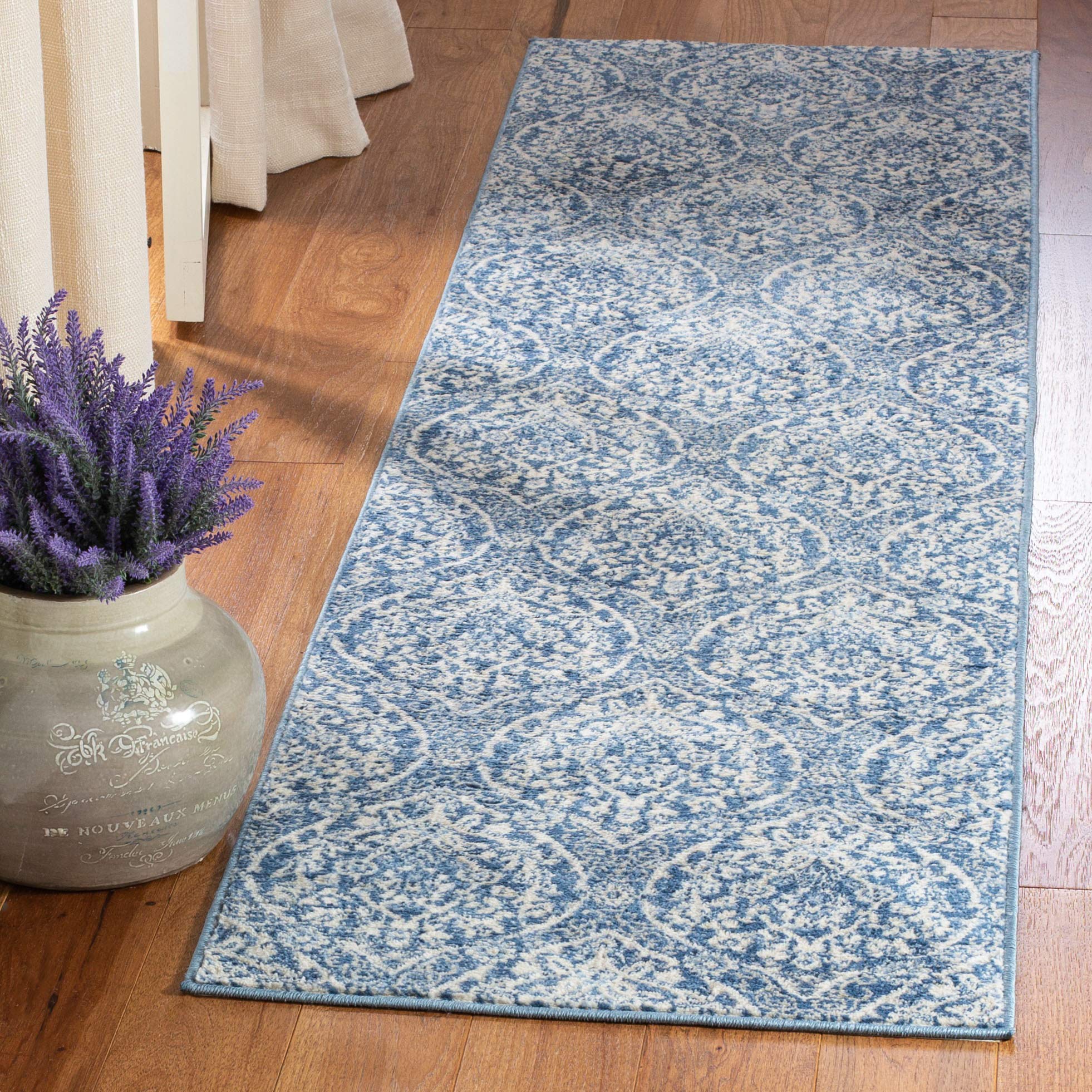 SAFAVIEH Brentwood Collection 2' x 12' Navy / Light Grey BNT860M Floral Damask Ogee Trellis Non-Shedding Living Room Bedroom Runner Rug