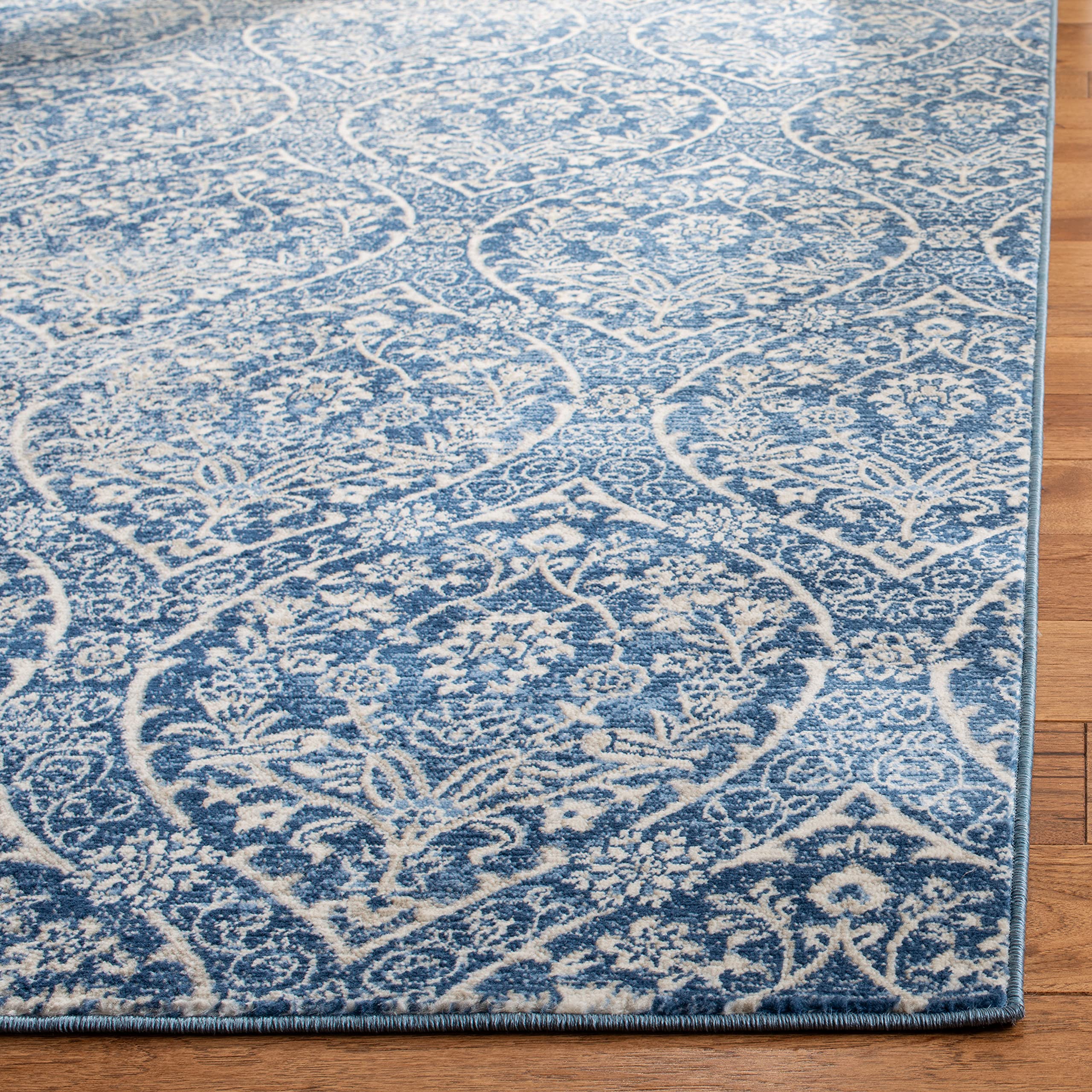 SAFAVIEH Brentwood Collection 2' x 12' Navy / Light Grey BNT860M Floral Damask Ogee Trellis Non-Shedding Living Room Bedroom Runner Rug