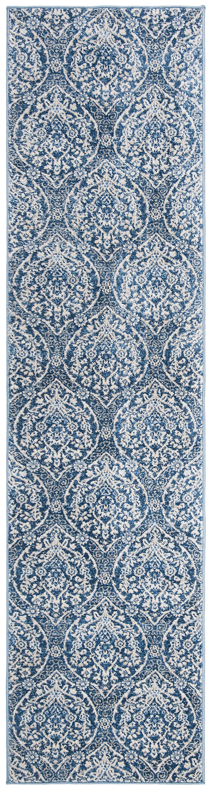 SAFAVIEH Brentwood Collection 2' x 12' Navy / Light Grey BNT860M Floral Damask Ogee Trellis Non-Shedding Living Room Bedroom Runner Rug