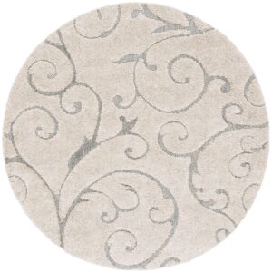 SAFAVIEH Florida Shag Collection 4' Round Beige/Blue Grey SG455 Scrolling Vine Graceful Swirl Textured Non-Shedding Living Room Bedroom Dining Room Entryway Plush 1.2-inch Thick Area Rug