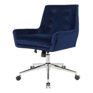 OSP Home Furnishings Quinn Mid-Century Style Plush Office Chair with Back Button Tufting and Chrome Finish Steel Base, Midnight Blue Velvet