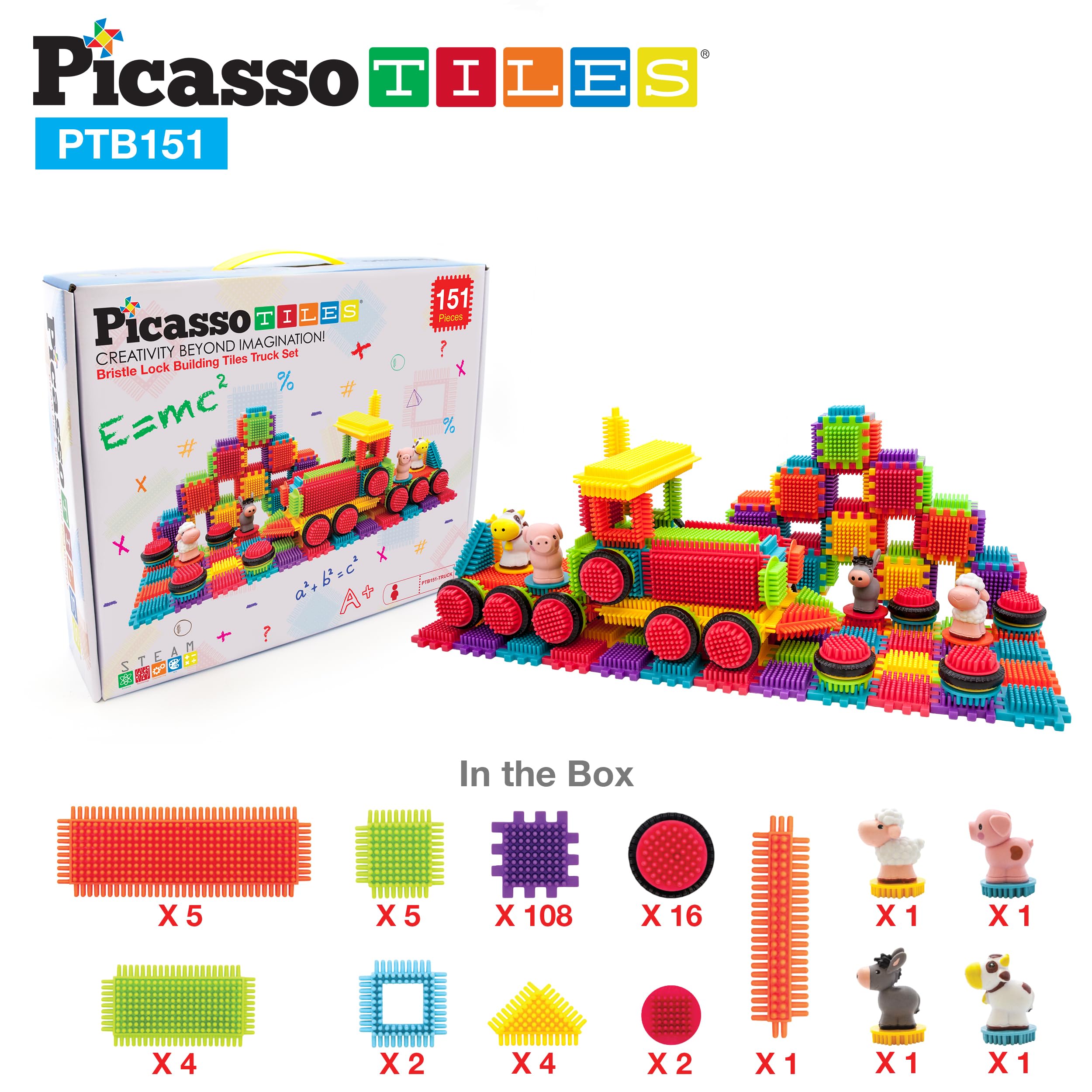 Picasso Toys PTB151 151pcs Hedgehog Block Block STEM Building Tiles Truck Theme Set Learning Playset STEM Toy Set Educational Kit Child Brain Development Preschool Kindergarten Toy w/Animal Figures