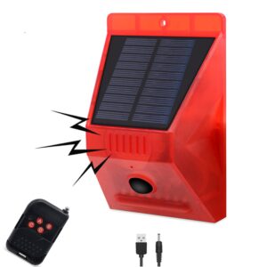 hulppre solar outdoor motion sensor alarm-129db loud siren lamp noise maker, 4 working modes strobe light with remote,say goodbye to the unwanted explorers