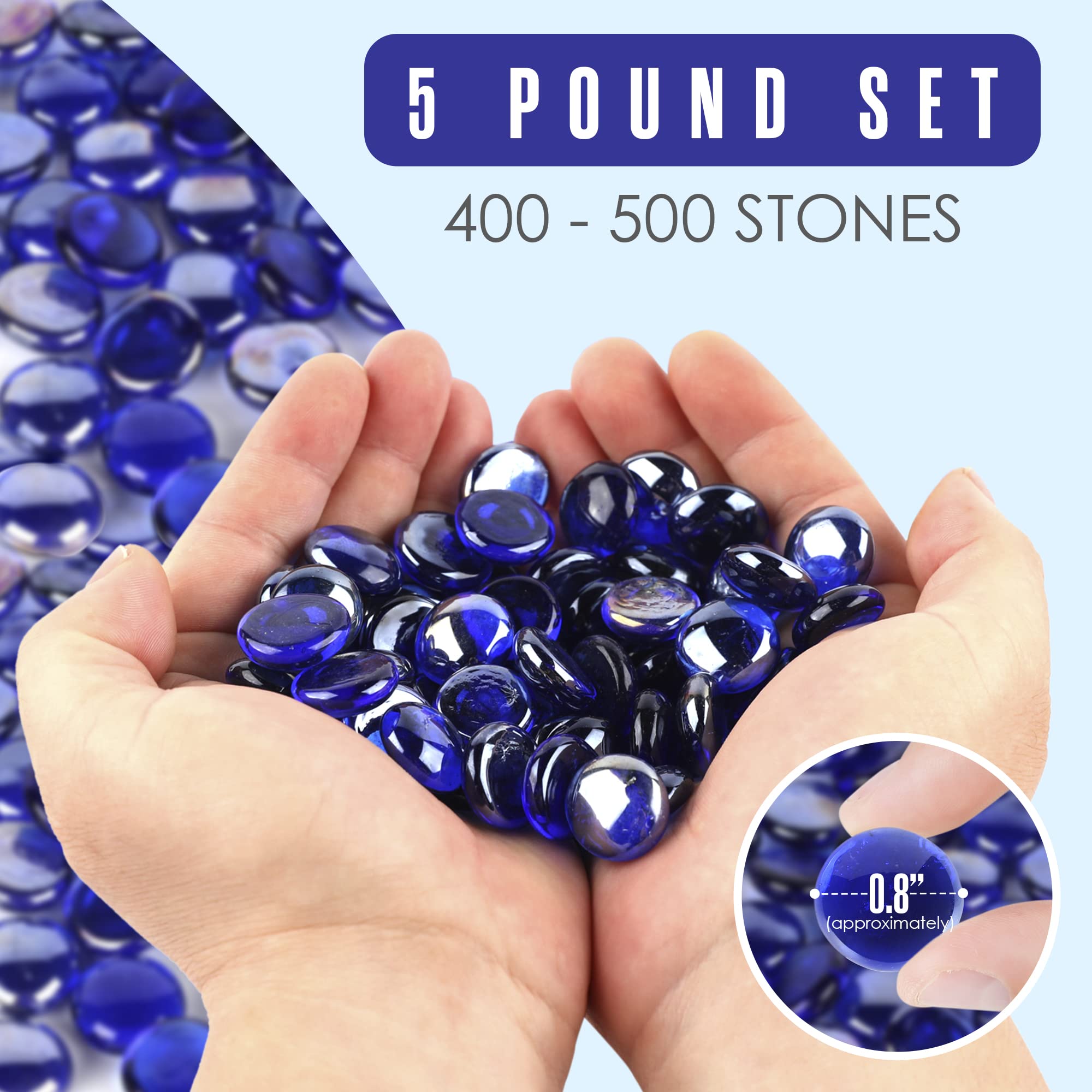 Houseables Glass Stone, Marbles, Pebbles for Vases, Blue, 5 LB, 400-500 Stones, Flat Bottom, Round Top Rocks, Bowl Filler Gems, Iridescent Decor, Decorative Centerpieces, Fire Beads, Florist, Aquarium