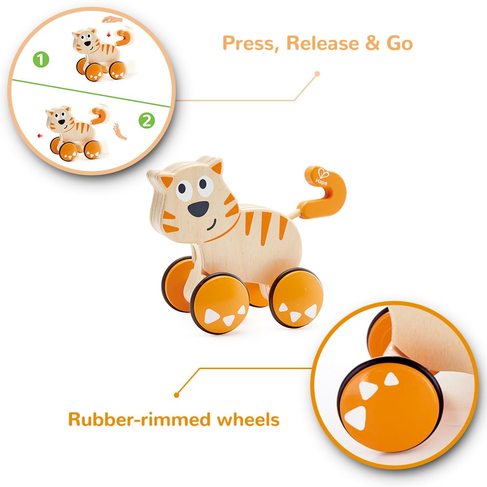 Hape Dante Push and Go | Wooden Push, Release & Go Cat Toddler Toy with Wheels