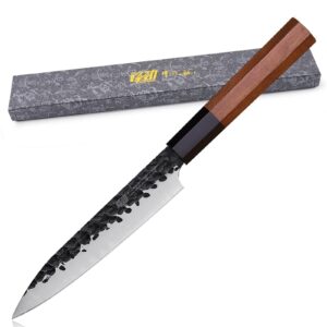 findking dynasty series kitchen utility knife, multi-purpose japanese paring knife, 9cr18mov high carbon steel blade, african rosewood octagonal handle, small, for fruits vegetables, 5 inches