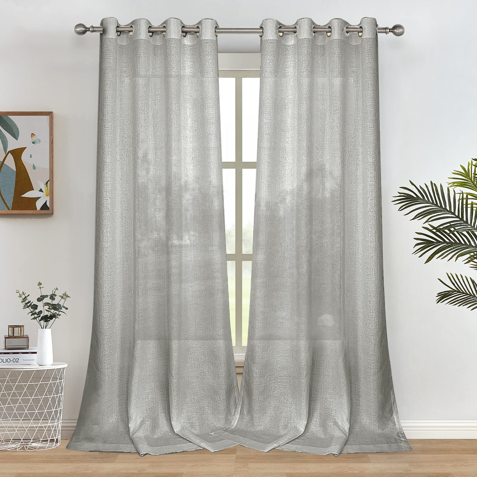 Melodieux Grey Semi Sheer Curtains 84 Inches Long for Living Room - Linen Look Bedroom Grommet Top Voile Drapes, 52 by 84 Inch (2 Panels)