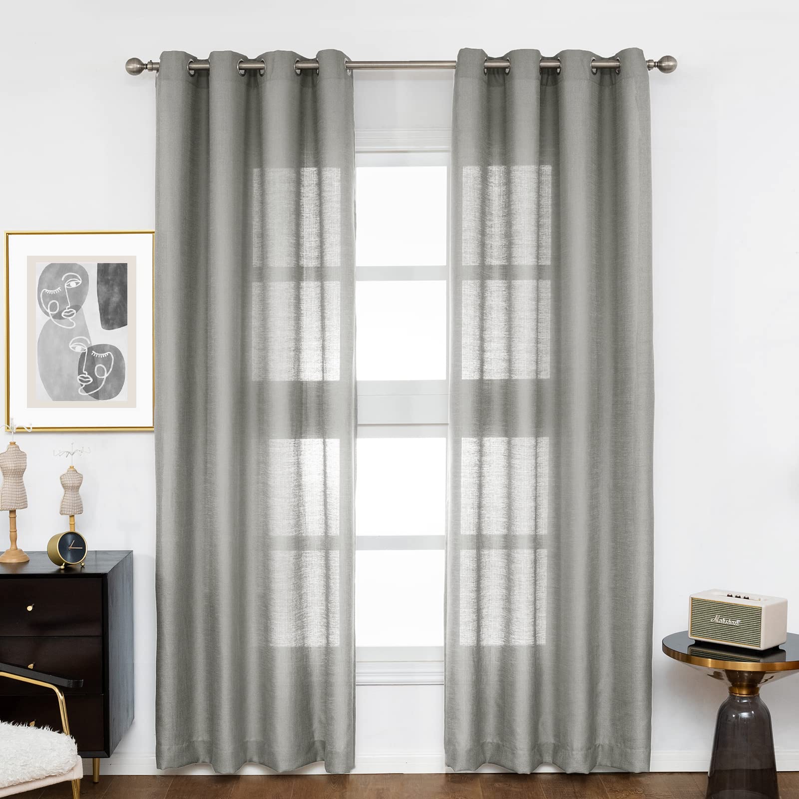 Melodieux Grey Semi Sheer Curtains 84 Inches Long for Living Room - Linen Look Bedroom Grommet Top Voile Drapes, 52 by 84 Inch (2 Panels)