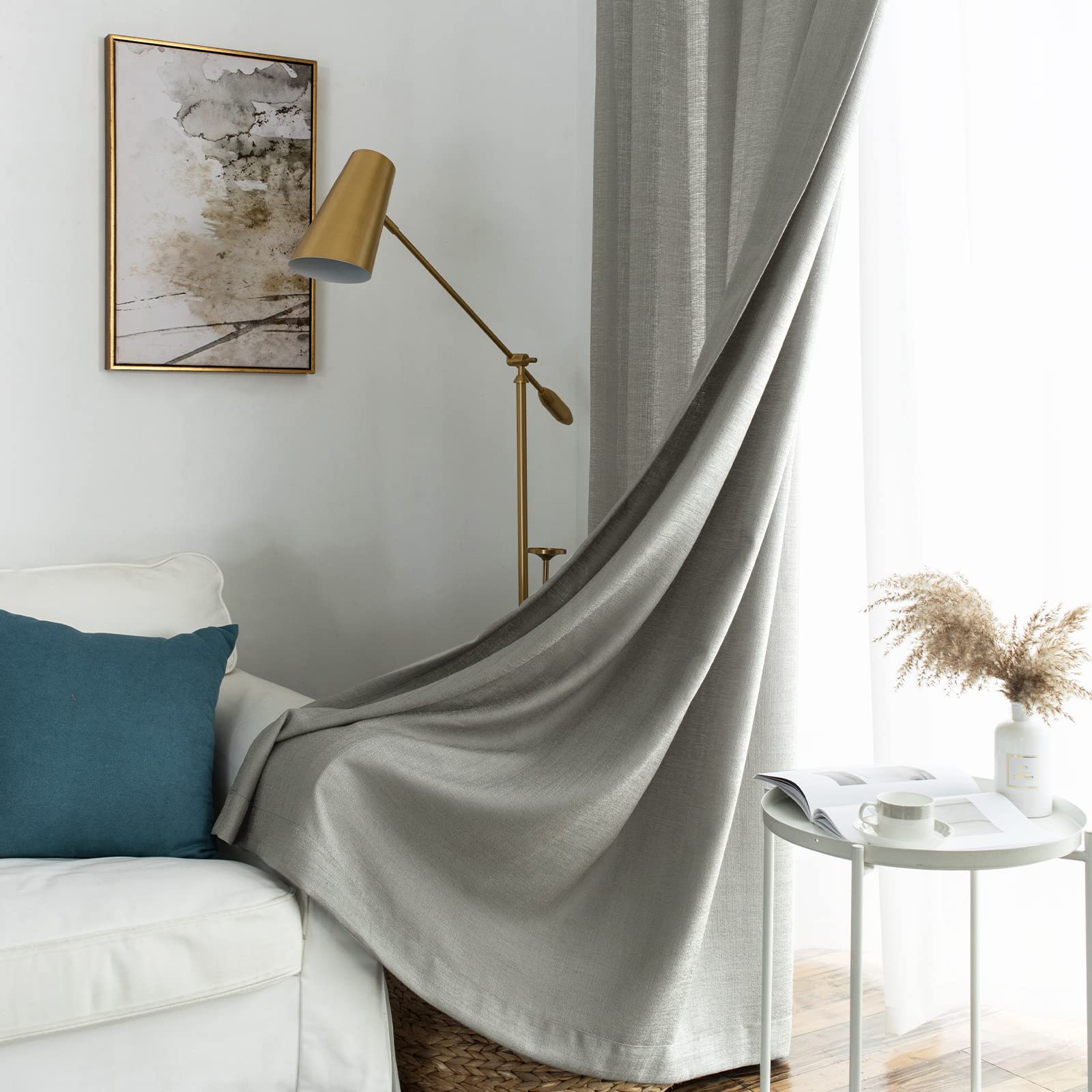 Melodieux Grey Semi Sheer Curtains 84 Inches Long for Living Room - Linen Look Bedroom Grommet Top Voile Drapes, 52 by 84 Inch (2 Panels)