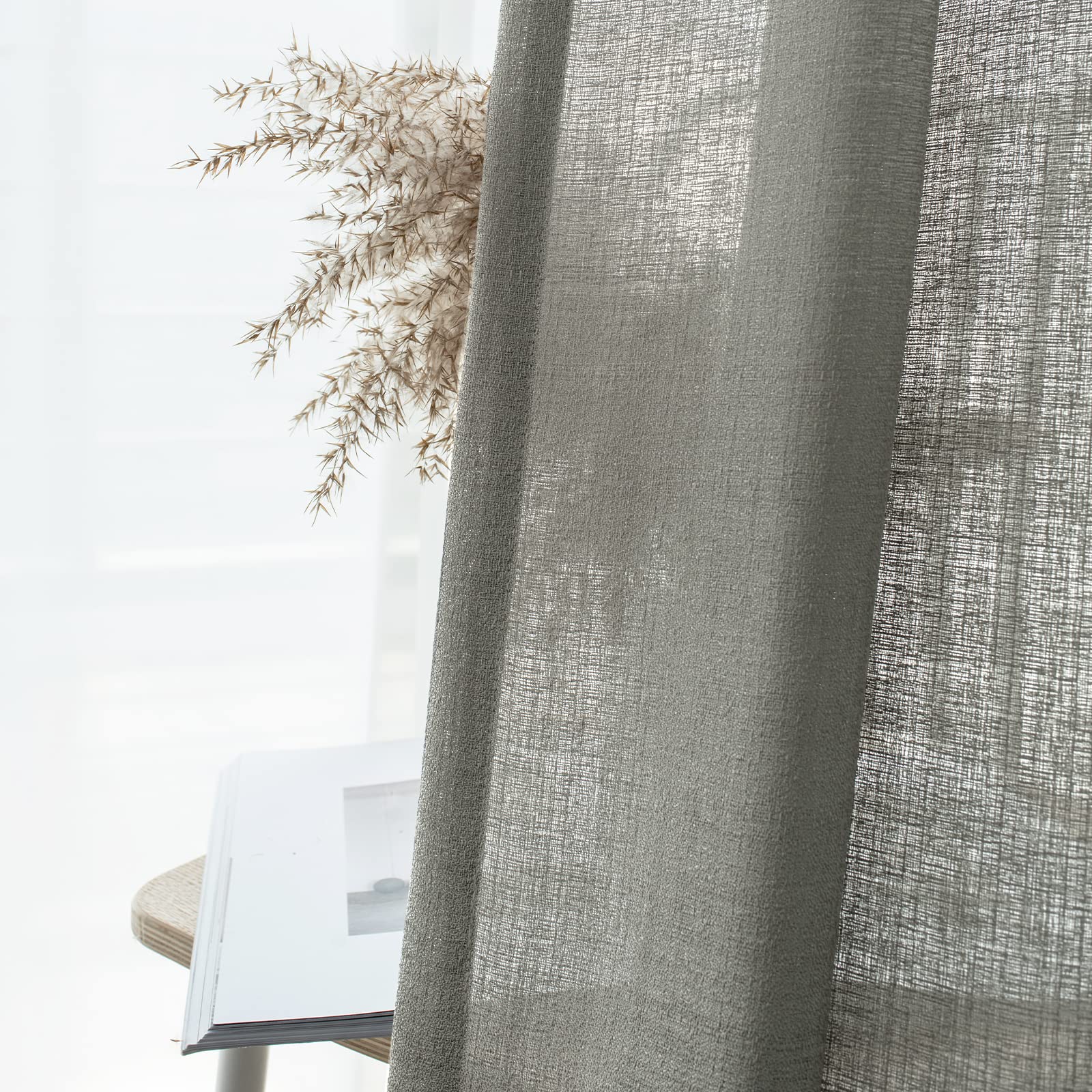 Melodieux Grey Semi Sheer Curtains 84 Inches Long for Living Room - Linen Look Bedroom Grommet Top Voile Drapes, 52 by 84 Inch (2 Panels)