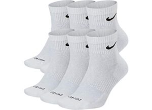 nike dri-fit training everyday plus max cushioned quarter cut ankle socks 6 pair white black swoosh logo) large 8-12